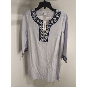 Tommy Bahama Embroidery V-Neck Tunic Blouse sz S pinstripes Coastal grandmacore